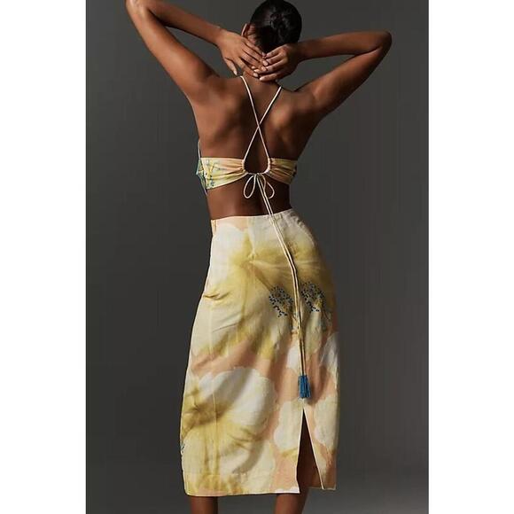 Farm Rio Floral Linen Blend Halter Neck Midi Dress Size L Yellow Ivory - Picture 2 of 3